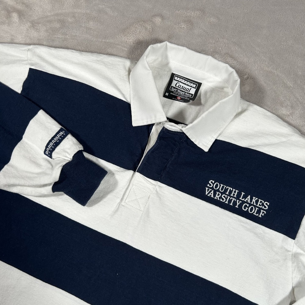 VTG Barbarian Rugby Wear Rugby Polo Shirt Mens Medium Blue White Striped Casual